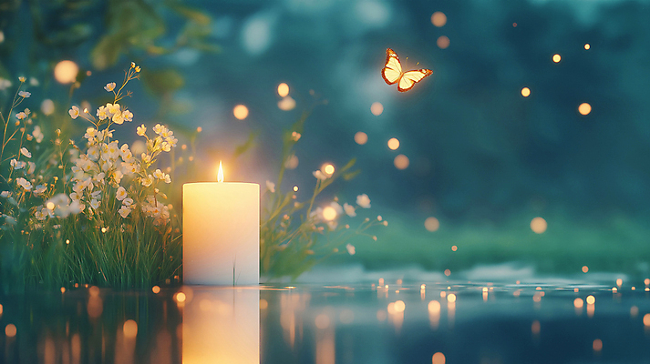 JPG 편집이미지 꽃 나비 촛불 사람없음 평화 풀 수면 야간 보케 힐링 편집실사 AI포토 AI콘텐츠 자연요소 식물 곤충 컨셉 초 물 CG 파일형식