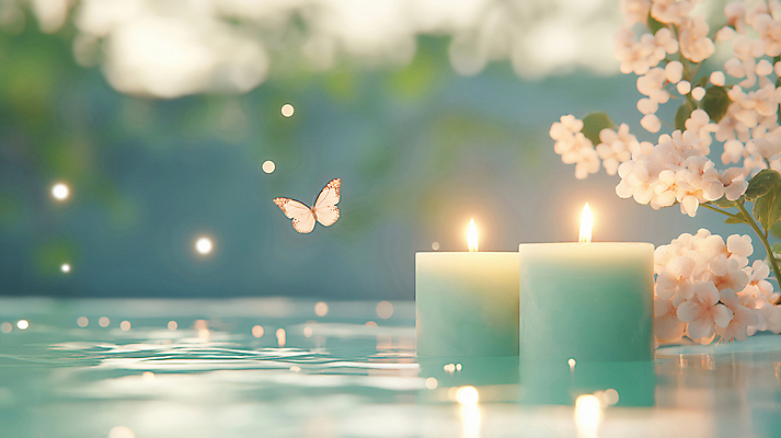 JPG 편집이미지 꽃 나비 촛불 사람없음 평화 풀 수면 보케 힐링 편집실사 AI포토 AI콘텐츠 식물 곤충 컨셉 초 물 CG 파일형식