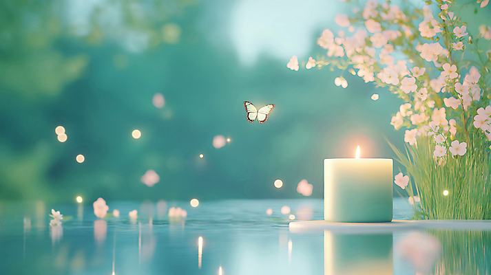 JPG 편집이미지 꽃 나비 촛불 사람없음 평화 풀 수면 보케 힐링 편집실사 AI포토 AI콘텐츠 식물 곤충 컨셉 초 물 CG 파일형식