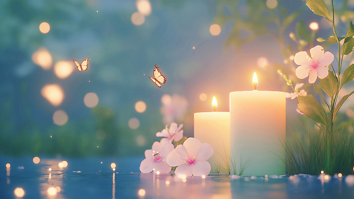 JPG 편집이미지 꽃 나비 촛불 사람없음 평화 풀 수면 야간 보케 힐링 편집실사 AI포토 AI콘텐츠 자연요소 식물 곤충 컨셉 초 물 CG 파일형식