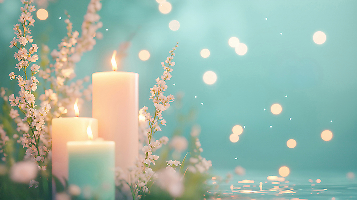 JPG 편집이미지 꽃 촛불 사람없음 평화 풀 수면 보케 힐링 편집실사 AI포토 AI콘텐츠 식물 컨셉 초 물 CG 파일형식