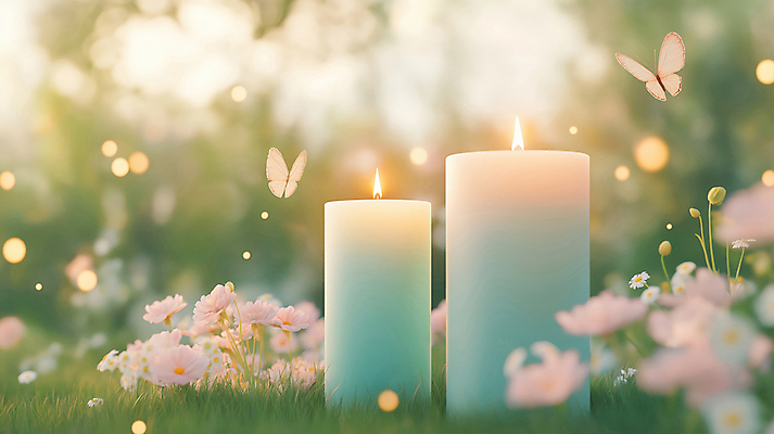 JPG 편집이미지 꽃 나비 촛불 사람없음 평화 풀 수면 보케 힐링 편집실사 AI포토 AI콘텐츠 식물 곤충 컨셉 초 물 CG 파일형식