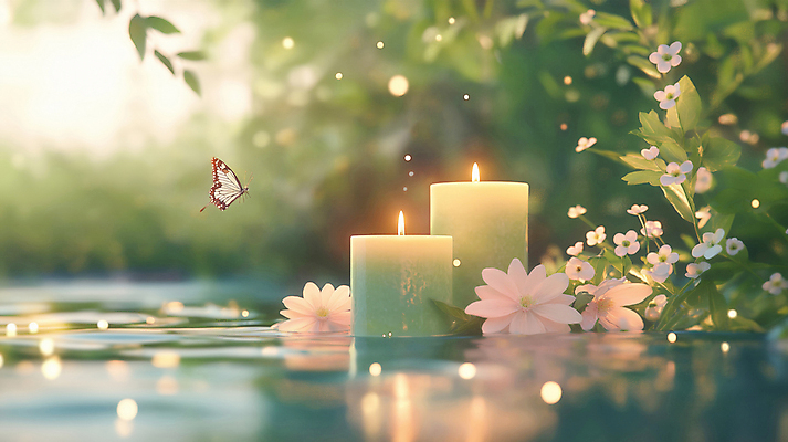 JPG 편집이미지 꽃 나비 촛불 사람없음 평화 풀 수면 보케 힐링 편집실사 AI포토 AI콘텐츠 식물 곤충 컨셉 초 물 CG 파일형식