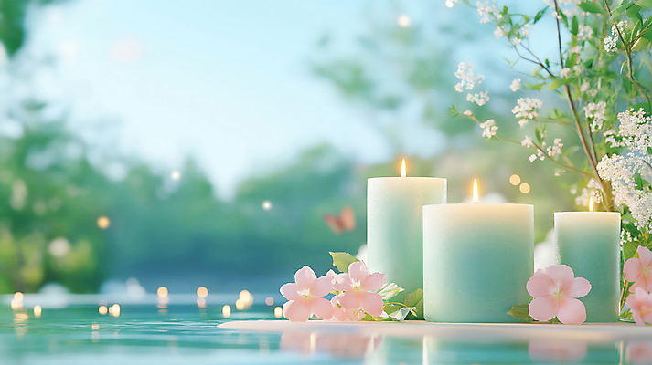 JPG 편집이미지 꽃 촛불 사람없음 평화 풀 수면 보케 힐링 편집실사 AI포토 AI콘텐츠 식물 컨셉 초 물 CG 파일형식