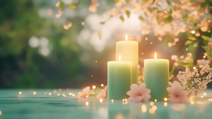 JPG 편집이미지 꽃 촛불 사람없음 평화 풀 수면 보케 힐링 편집실사 AI포토 AI콘텐츠 식물 컨셉 초 물 CG 파일형식