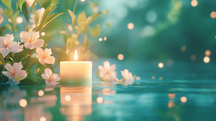 JPG 편집이미지 꽃 촛불 사람없음 평화 풀 수면 야간 보케 힐링 편집실사 AI포토 AI콘텐츠 자연요소 식물 컨셉 초 물 CG 파일형식