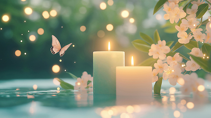 JPG 편집이미지 꽃 나비 촛불 사람없음 평화 풀 수면 야간 보케 힐링 편집실사 AI포토 AI콘텐츠 자연요소 식물 곤충 컨셉 초 물 CG 파일형식