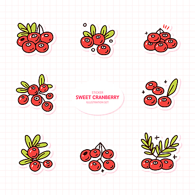 열매 스티커 잎 일러스트 사람없음 빨간색 반짝임 세트 엘리먼트 크랜베리 국내일러스트 AI파일 식물 컬러 모션 파일형식 벡터