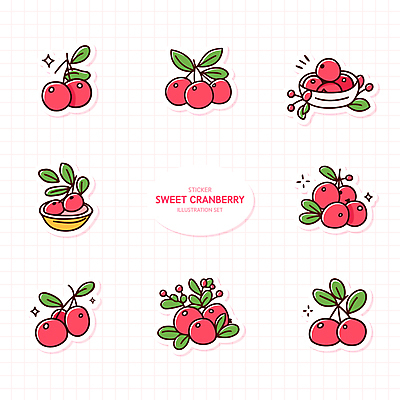 그릇 열매 스티커 잎 일러스트 사람없음 빨간색 반짝임 세트 엘리먼트 크랜베리 국내일러스트 AI파일 식물 식기 컬러 모션 파일형식 벡터