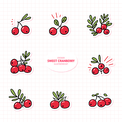 열매 스티커 잎 일러스트 사람없음 빨간색 세트 엘리먼트 크랜베리 국내일러스트 AI파일 식물 컬러 파일형식 벡터