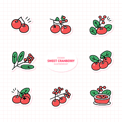 열매 스티커 잎 일러스트 사람없음 빨간색 세트 엘리먼트 크랜베리 국내일러스트 AI파일 식물 컬러 파일형식 벡터
