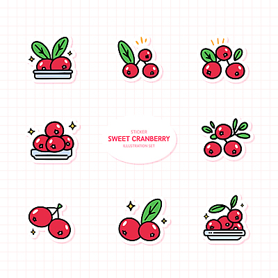 그릇 열매 스티커 잎 일러스트 사람없음 빨간색 반짝임 세트 엘리먼트 크랜베리 국내일러스트 AI파일 식물 식기 컬러 모션 파일형식 벡터