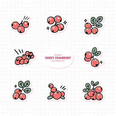 열매 스티커 잎 일러스트 사람없음 빨간색 반짝임 세트 엘리먼트 크랜베리 국내일러스트 AI파일 식물 컬러 모션 파일형식 벡터