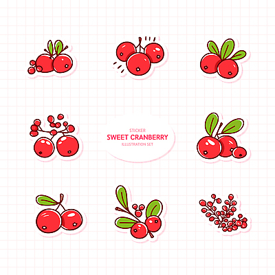 열매 스티커 잎 일러스트 사람없음 빨간색 세트 엘리먼트 크랜베리 국내일러스트 AI파일 식물 컬러 파일형식 벡터