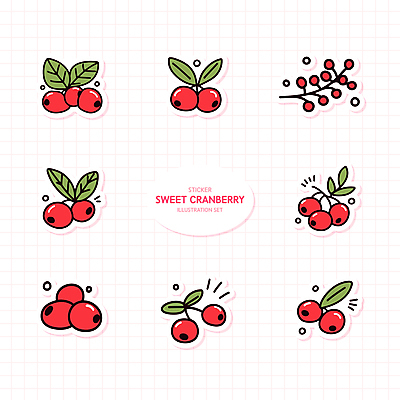 열매 스티커 잎 일러스트 사람없음 빨간색 세트 엘리먼트 크랜베리 국내일러스트 AI파일 식물 컬러 파일형식 벡터