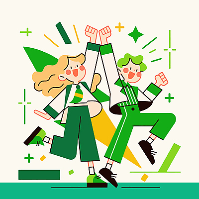 전신 도형 여자 남자 일러스트 새로움 웃음 성인 두명 초록색 반짝임 손들기 파이팅 활기 다리들기 성인만 국내일러스트 AI파일 컬러 컨셉 모션 표정 사람 파일형식 벡터