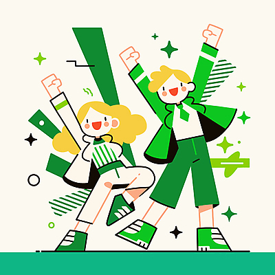 전신 도형 여자 남자 일러스트 새로움 웃음 성인 두명 초록색 반짝임 손들기 파이팅 만세 활기 다리들기 성인만 국내일러스트 AI파일 컬러 컨셉 모션 표정 사람 파일형식 벡터