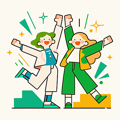 전신 도형 여자 일러스트 새로움 웃음 성인 두명 초록색 반짝임 파이팅 만세 활기 다리들기 성인여자만 국내일러스트 AI파일 컬러 컨셉 모션 표정 사람 여자만 성인만 파일형식 벡터