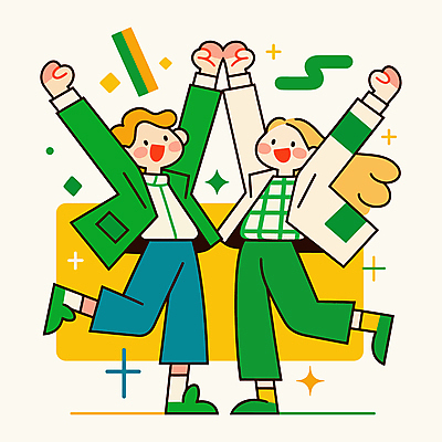 전신 도형 여자 남자 일러스트 새로움 웃음 성인 두명 초록색 반짝임 파이팅 만세 활기 다리들기 성인만 국내일러스트 AI파일 컬러 컨셉 모션 표정 사람 파일형식 벡터