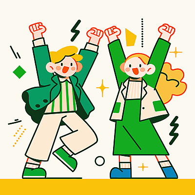 전신 도형 여자 남자 일러스트 새로움 웃음 성인 두명 초록색 반짝임 파이팅 만세 활기 성인만 국내일러스트 AI파일 컬러 컨셉 모션 표정 사람 파일형식 벡터