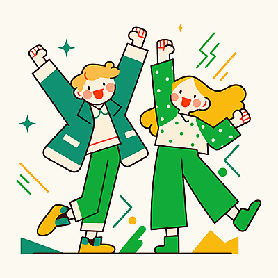 전신 도형 여자 남자 일러스트 새로움 웃음 성인 두명 초록색 반짝임 손들기 파이팅 만세 활기 다리들기 성인만 국내일러스트 AI파일 컬러 컨셉 모션 표정 사람 파일형식 벡터