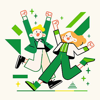 전신 도형 여자 남자 일러스트 새로움 웃음 성인 두명 초록색 반짝임 손들기 파이팅 만세 활기 다리들기 성인만 국내일러스트 AI파일 컬러 컨셉 모션 표정 사람 파일형식 벡터