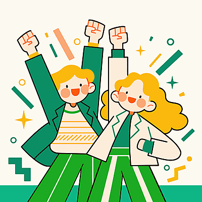 도형 여자 남자 일러스트 새로움 웃음 성인 두명 초록색 반짝임 손들기 파이팅 만세 활기 성인만 국내일러스트 AI파일 컬러 컨셉 모션 표정 사람 파일형식 벡터