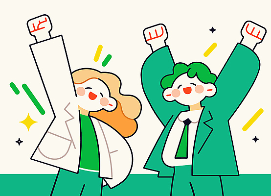 여자 남자 일러스트 새로움 웃음 상반신 성인 두명 초록색 반짝임 손들기 파이팅 만세 활기 성인만 국내일러스트 AI파일 컬러 컨셉 모션 표정 사람 파일형식 벡터