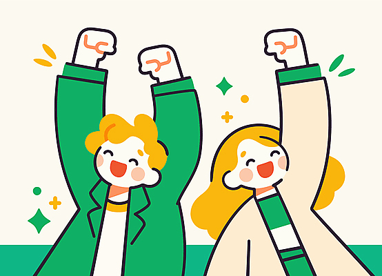 여자 남자 일러스트 새로움 웃음 상반신 성인 두명 초록색 반짝임 손들기 파이팅 만세 활기 성인만 국내일러스트 AI파일 컬러 컨셉 모션 표정 사람 파일형식 벡터