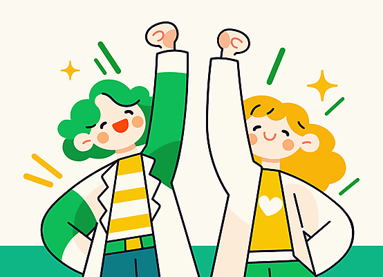 여자 일러스트 새로움 웃음 상반신 성인 두명 초록색 반짝임 손들기 파이팅 활기 성인여자만 국내일러스트 AI파일 컬러 컨셉 모션 표정 사람 여자만 성인만 파일형식 벡터