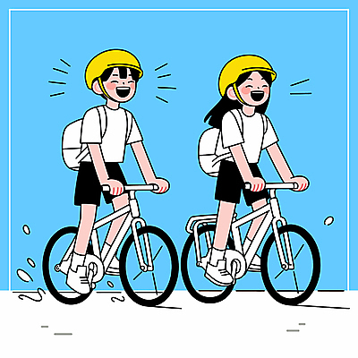 전신 여자 남자 하늘색 일러스트 청소년 책가방 미소 웃음 두명 자전거 기쁨 승차 헬멧 즐거움 십대만 국내일러스트 일러캐릭터 AI파일 캐릭터 감정 가방 모션 표정 사람 파란색 바이크 보호장비 파일형식 벡터
