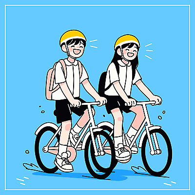 전신 여자 남자 하늘색 일러스트 청소년 책가방 미소 웃음 두명 자전거 기쁨 승차 헬멧 즐거움 십대만 국내일러스트 일러캐릭터 AI파일 캐릭터 감정 가방 모션 표정 사람 파란색 바이크 보호장비 파일형식 벡터