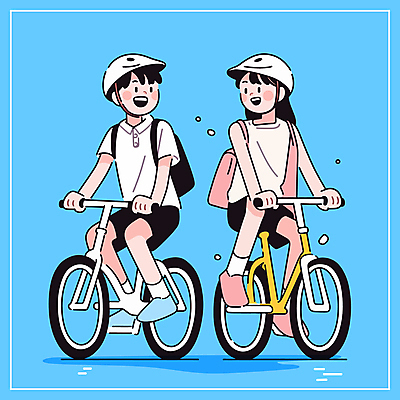 전신 여자 남자 하늘색 일러스트 청소년 책가방 미소 웃음 두명 자전거 기쁨 승차 헬멧 즐거움 십대만 국내일러스트 일러캐릭터 AI파일 캐릭터 감정 가방 모션 표정 사람 파란색 바이크 보호장비 파일형식 벡터