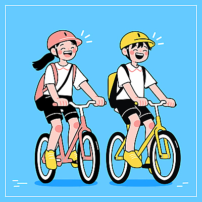 전신 여자 남자 하늘색 일러스트 청소년 책가방 미소 웃음 두명 자전거 기쁨 승차 헬멧 즐거움 십대만 국내일러스트 일러캐릭터 AI파일 캐릭터 감정 가방 모션 표정 사람 파란색 바이크 보호장비 파일형식 벡터