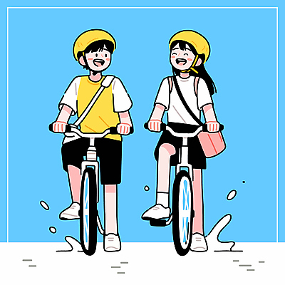 전신 여자 남자 하늘색 일러스트 청소년 미소 웃음 두명 자전거 기쁨 승차 헬멧 즐거움 크로스백 십대만 국내일러스트 일러캐릭터 AI파일 캐릭터 감정 가방 모션 표정 사람 파란색 바이크 보호장비 파일형식 벡터