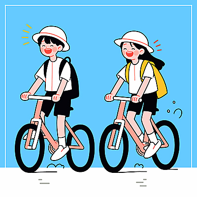 전신 여자 남자 하늘색 일러스트 청소년 책가방 미소 웃음 두명 자전거 기쁨 승차 즐거움 챙모자 십대만 국내일러스트 일러캐릭터 AI파일 캐릭터 모자_잡화 감정 가방 모션 표정 사람 파란색 바이크 파일형식 벡터