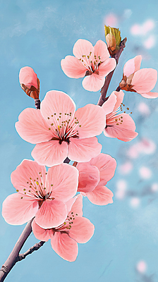 JPG 분홍색 잎 일러스트 하늘 사람없음 벚꽃 나뭇가지 꽃봉오리 감성 국내일러스트 AI일러스트 AI콘텐츠 나무 식물 꽃 컬러 컨셉 파일형식