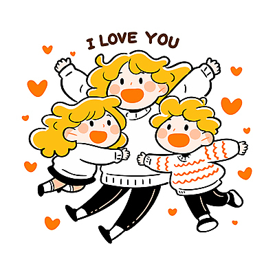 전신 여자 남자 행복 어린이 일러스트 가족 포옹 사랑 웃음 소녀 소년 성인 세명 노란색 만세 하트 아이러브유 국내일러스트 일러캐릭터 AI파일 모양 캐릭터 감정 컬러 관계 안기 모션 표정 사람 파일형식 벡터