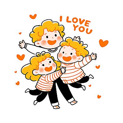 전신 여자 남자 행복 어린이 일러스트 가족 포옹 사랑 웃음 소녀 소년 성인 세명 노란색 하트 아이러브유 국내일러스트 일러캐릭터 AI파일 모양 캐릭터 감정 컬러 관계 안기 표정 사람 파일형식 벡터