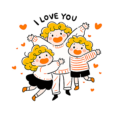 전신 여자 남자 행복 어린이 일러스트 가족 포옹 사랑 웃음 소녀 소년 성인 세명 노란색 만세 하트 아이러브유 국내일러스트 일러캐릭터 AI파일 모양 캐릭터 감정 컬러 관계 안기 모션 표정 사람 파일형식 벡터