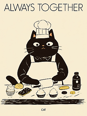 PSD 한마리 포스터 빵 일러스트 요리사모자 요리 사람없음 귀여움 고양이 앞치마 컵케이크 조리대 밀대 베이지색 국내일러스트 모자_잡화 1 음식 컬러 컨셉 포유류 주방용품 반려동물 케이크 요리사 파일형식