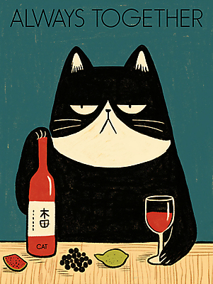 PSD 한마리 포스터 와인잔 과일 일러스트 식탁 사람없음 귀여움 고양이 잡기 와인병 청록색 국내일러스트 1 컬러 컨셉 술잔 포유류 모션 탁자 병_용기 반려동물 와인 파일형식