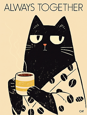 PSD 포스터 일러스트 들기 사람없음 귀여움 고양이 머그컵 원두 가운 베이지색 국내일러스트 옷 커피 컬러 컨셉 포유류 모션 컵 반려동물 파일형식