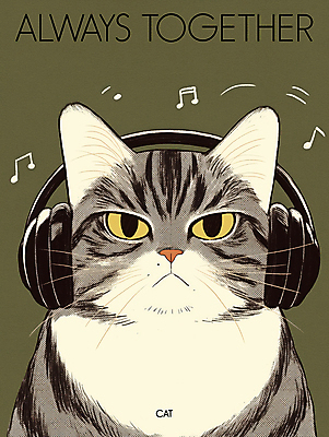 PSD 한마리 포스터 음표 일러스트 사람없음 귀여움 헤드폰 고양이 음악감상 카키색 국내일러스트 1 기호 음악 컬러 음향기기 컨셉 포유류 반려동물 감상 파일형식