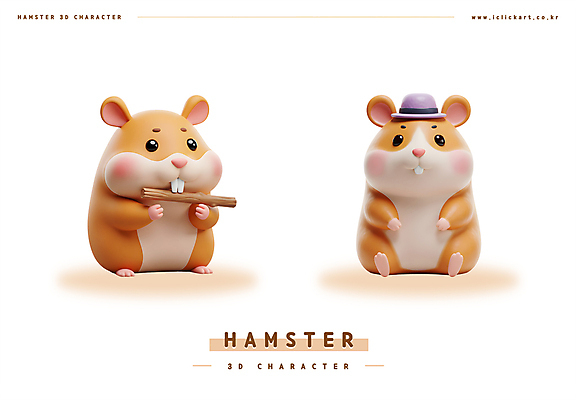 PSD 편집이미지 동물캐릭터 3D캐릭터 들기 앉기 사람없음 3D 귀여움 주황색 나뭇가지 먹기 중절모 햄스터 앞니 편집3D 나무 동물 캐릭터 모자_잡화 컬러 컨셉 모션 반려동물 치아 설치류 디지털합성 파일형식