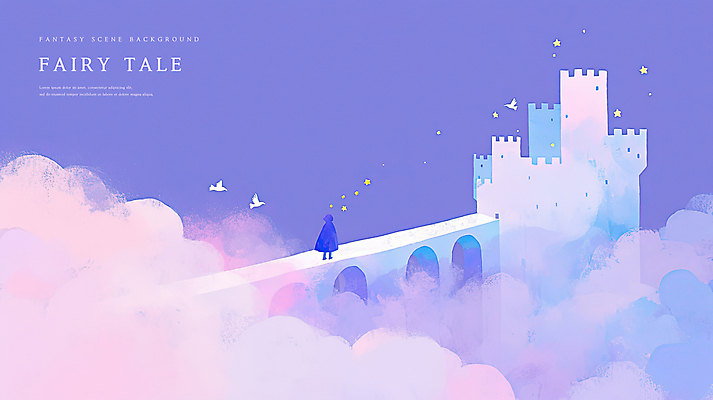 전신 PSD 구름 실루엣 일러스트 조류 동화 한명 사람 보라색 성 마법 상상력 가교 몽환 환상 국내일러스트 자연요소 동물 1 건축물 컬러 컨셉 촬영기법 파일형식