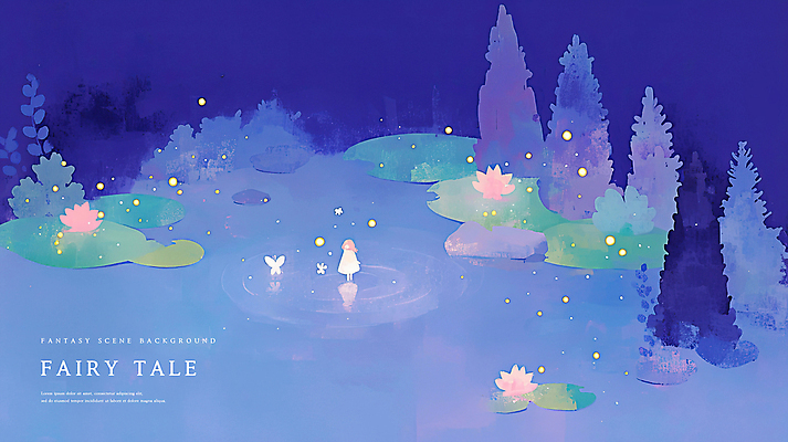 전신 PSD 나무 여자 어린이 나비 일러스트 동화 연꽃 한명 소녀 파란색 빛 보라색 수면 연잎 마법 상상력 몽환 환상 소녀한명만 국내일러스트 식물 1 꽃 컬러 곤충 컨셉 잎 사람 물 여자한명만 소녀만 파일형식