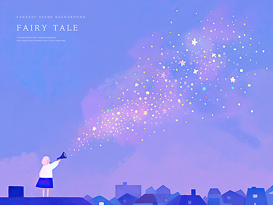 전신 PSD 여자 어린이 일러스트 밤하늘 지붕 동화 주택 한명 들기 소녀 빛 마을 보라색 확성기 마법 상상력 몽환 환상 소녀한명만 국내일러스트 1 컬러 컨셉 모션 하늘 사람 건물 야간 여자한명만 소녀만 파일형식