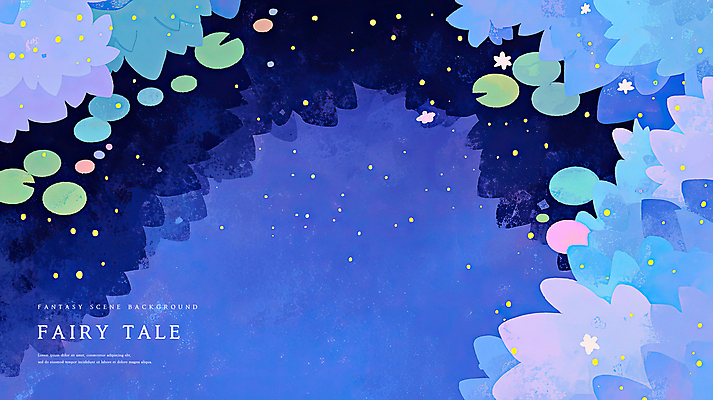 PSD 꽃 일러스트 동화 사람없음 파란색 빛 풀잎 수면 남색 연잎 마법 상상력 몽환 환상 국내일러스트 식물 컬러 컨셉 잎 물 풀_식물 파일형식