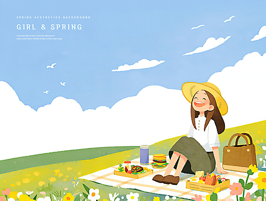 전신 PSD 구름 여자 어린이 꽃밭 가방 일러스트 조류 하늘 수채화 샌드위치 한명 웃음 앉기 소녀 잔디 초원 소풍 봄풍경 언덕 돗자리 상쾌 챙모자 손짚기 소녀한명만 국내일러스트 자연요소 식물 동물 모자_잡화 1 잡화 꽃 감정 음식 모션 표정 사람 풍경 손짓 야외활동 봄 여자한명만 소녀만 파일형식
